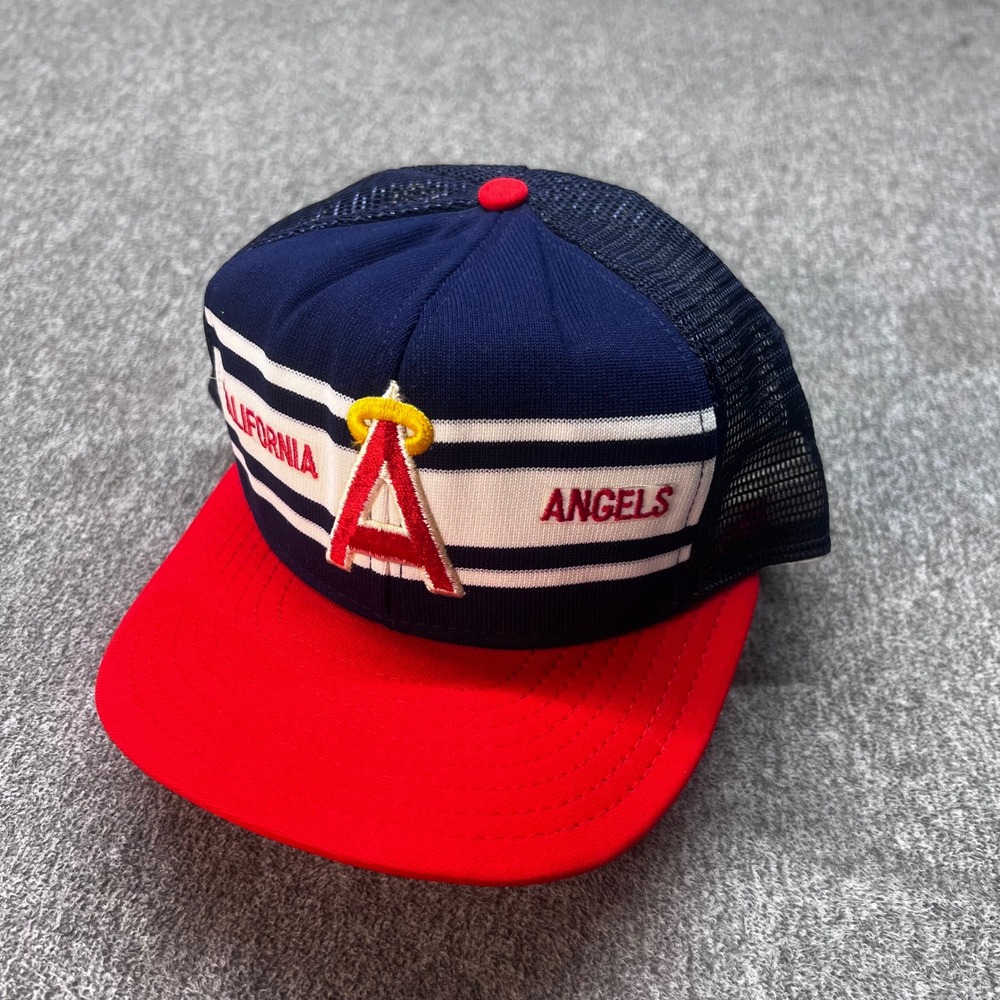 Vintage AJD Superstripe California Angels Trucker Hat MLB Snapback Navy Red USA